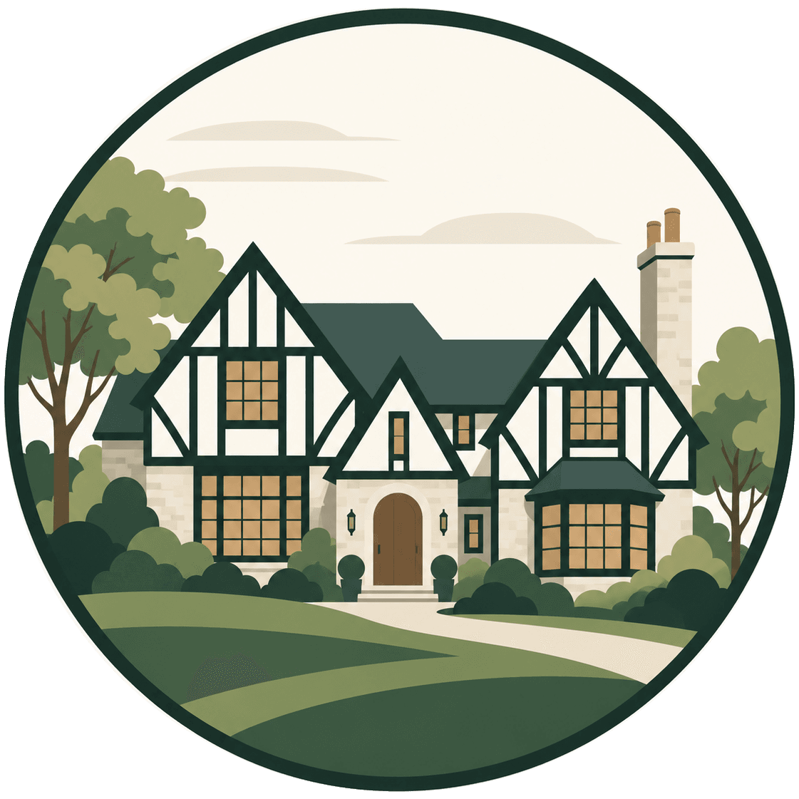 Illustration of Hilltop Tudor: a half-timbered English Tudor house with a stone chimney, set back behind a curving drive among mature trees